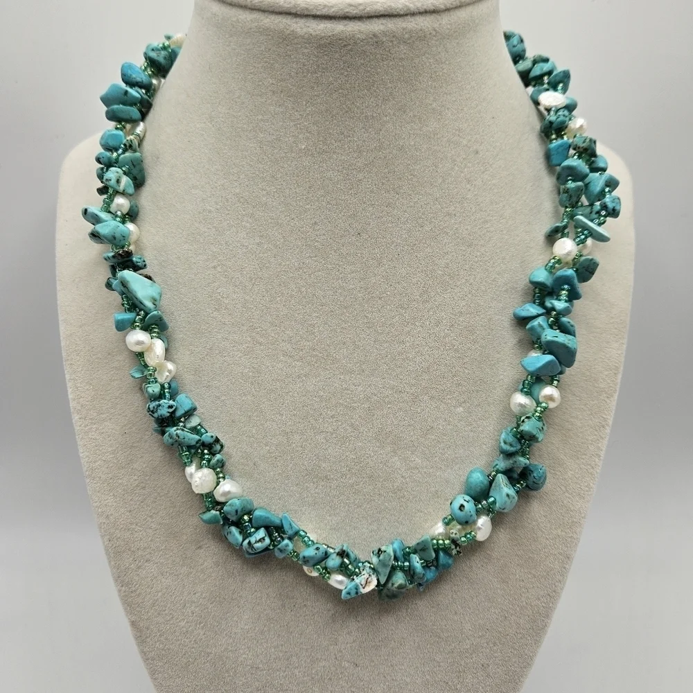 VINTAGE Turquoise and Pearl Braided Three Strand Necklace